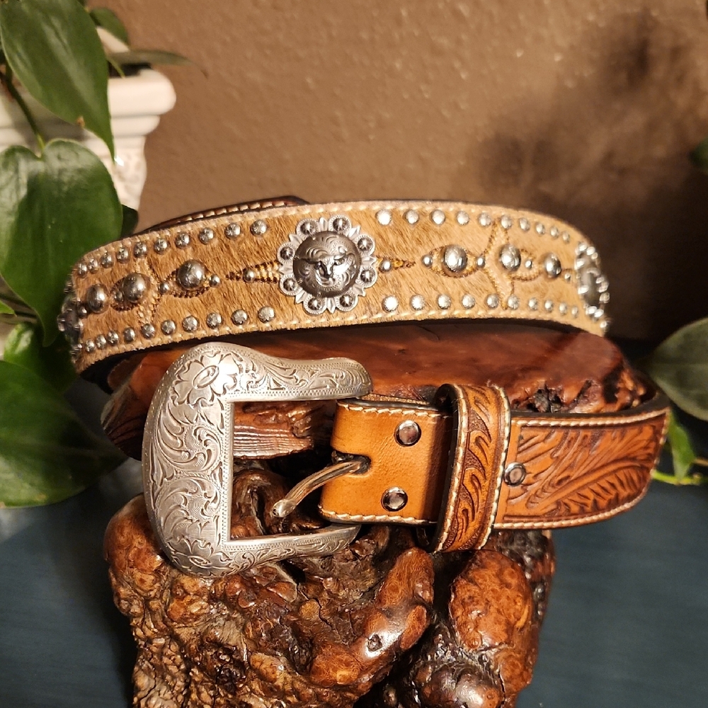 Nocona Tan Leather Calfhair Belt with Silver Accents NWT